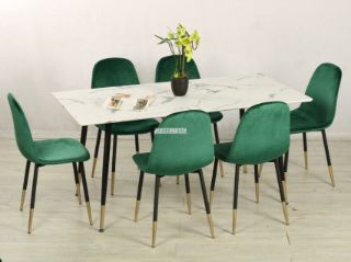 Picture of Test No Order - BIJOK 160 7PC Dining Set (White Marble Finishing) - 1 Dining Table + 6 Dining Chairs (Green)