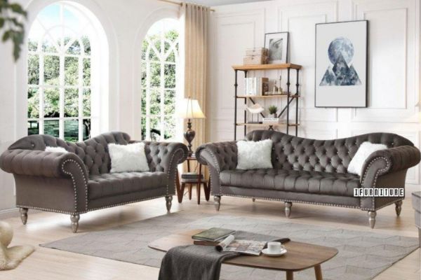 Picture of Test No Order - WILSHIRE 3/2 Seater Crystal Button Tufted Velvet Sofa Range (Dark Grey)