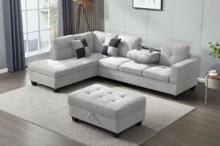 Picture of Test No Order - NEBULA Sectional Sofa with Storage Ottoman & Drop-Down Console (Light Grey) - Facing Left