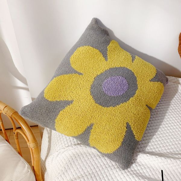 Picture of Test No Order - DAISY Floral Style Square Jacquard Cushion with Inner (45cmx45cm) - Grey Base Yellow Daisy 