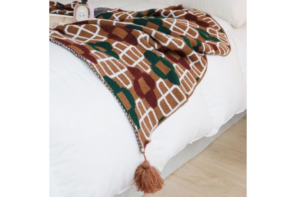 Picture of Test No Order - PROVINCE Knitted Throw Blanket with Tassels 130cmx170cm (Green-Coffee-White)