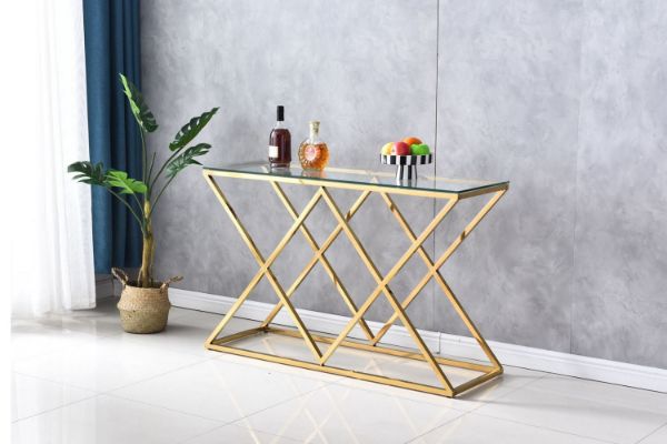 Picture of Test No Order - (FLOOR MODEL CLEARANCE) DIAMOND 120 Glass Top Console Table with Golden Stainless Frame